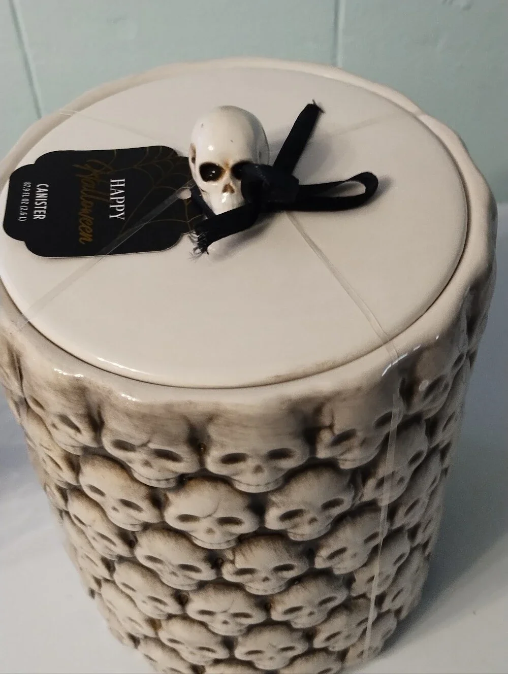 NWT Large Happy Halloween Skull Pattern Ceramic Canister/Cookie Jar